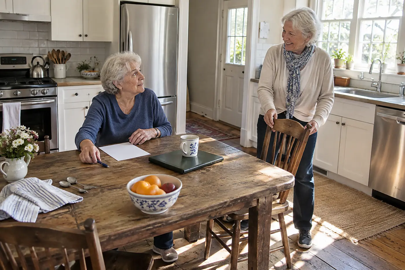Older woman filling out a home-staying plan at her kitchen table.