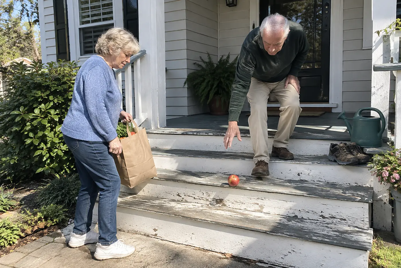 Older woman carrying a grocery bag up her front steps.