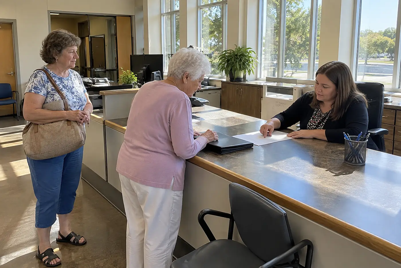 Older woman reading a deed at a county records counter.