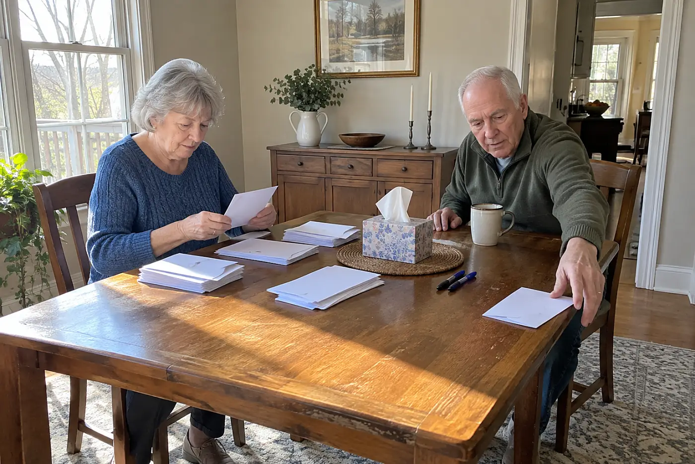 Older woman sorting property-tax and utility bills at a dining table.