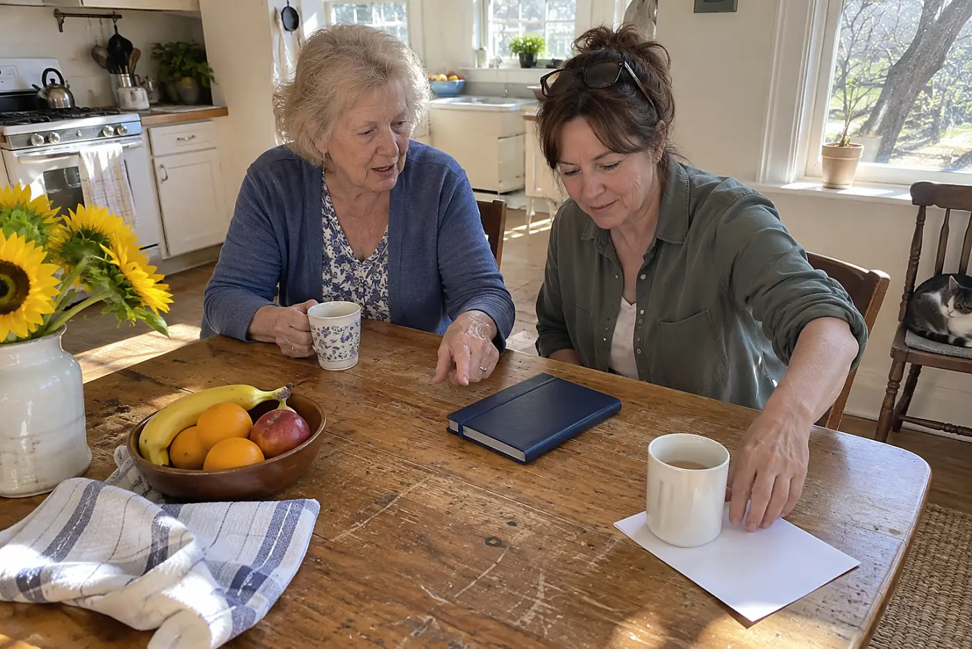 Older woman and her daughter reviewing a calendar at a kitchen table.
