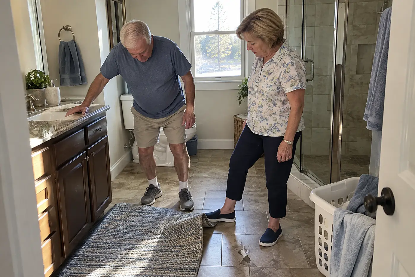 Older woman lifting the edge of a bathroom rug with her shoe.
