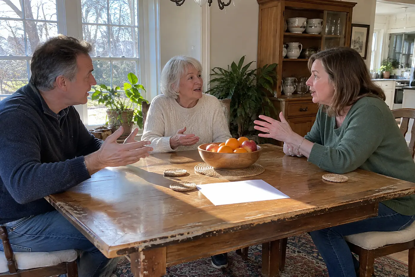 Older woman speaking with family members around her dining table.
