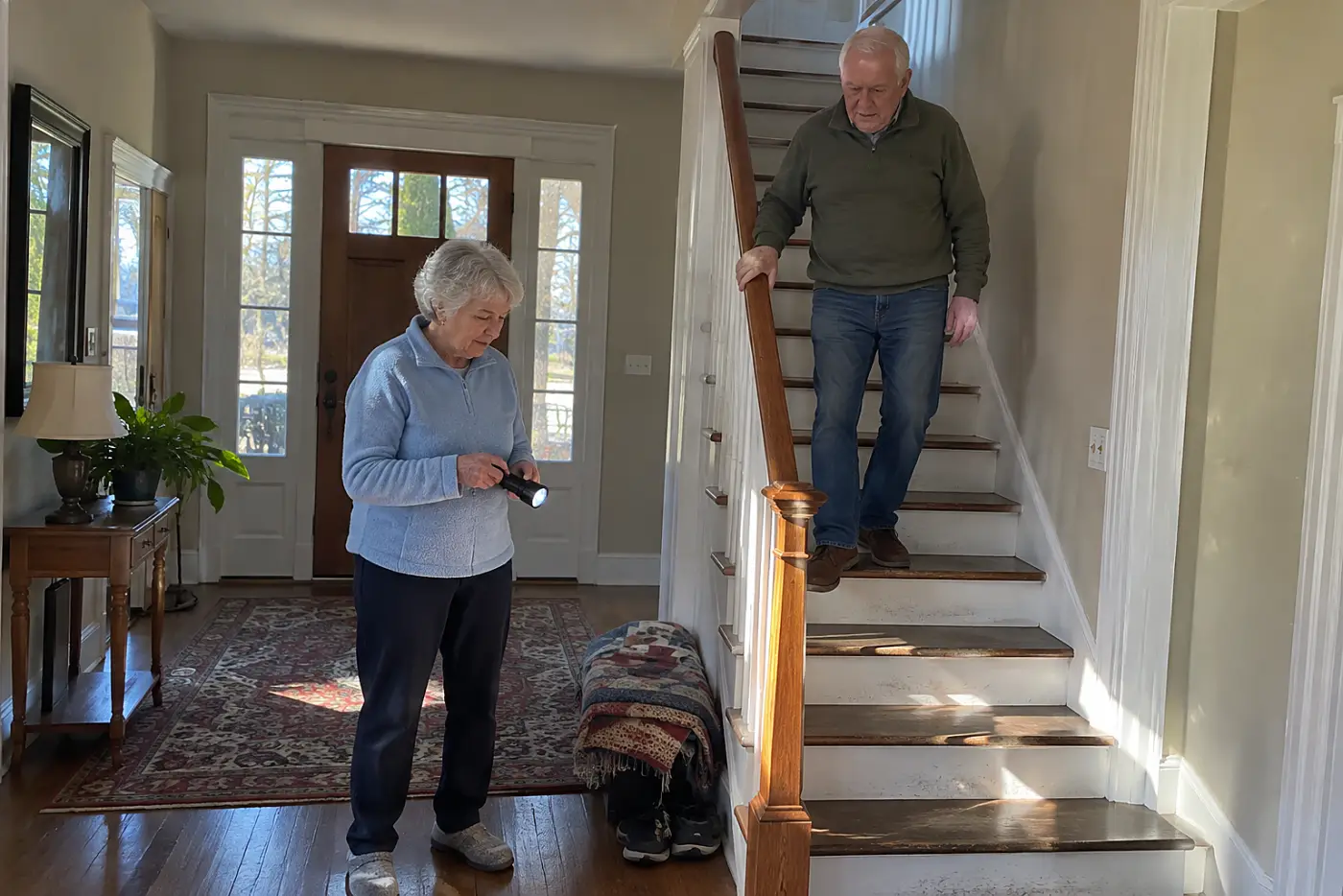 Older woman standing at the foot of her stairs with a flashlight.