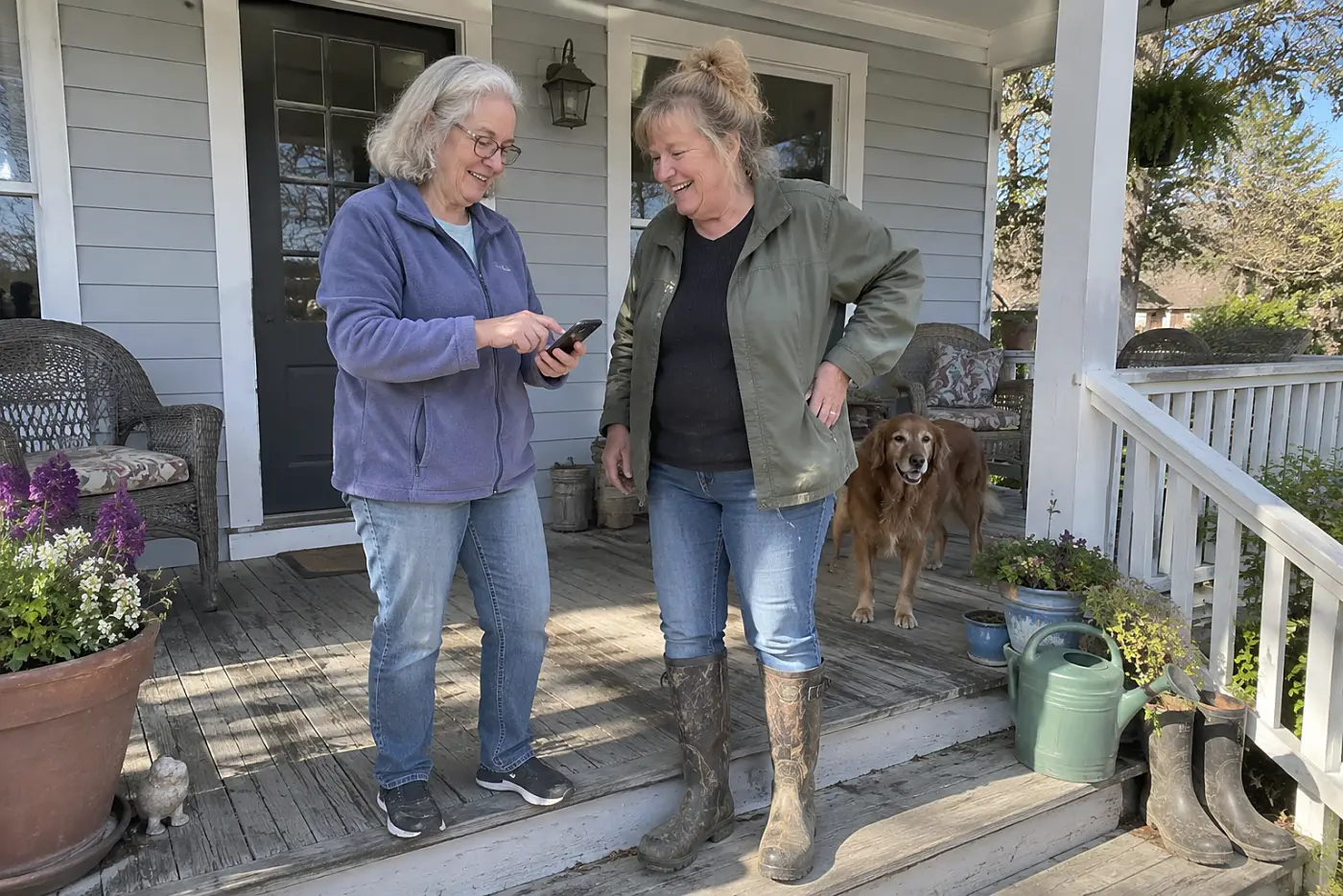 Older woman exchanging phone numbers with a neighbor on a front porch.