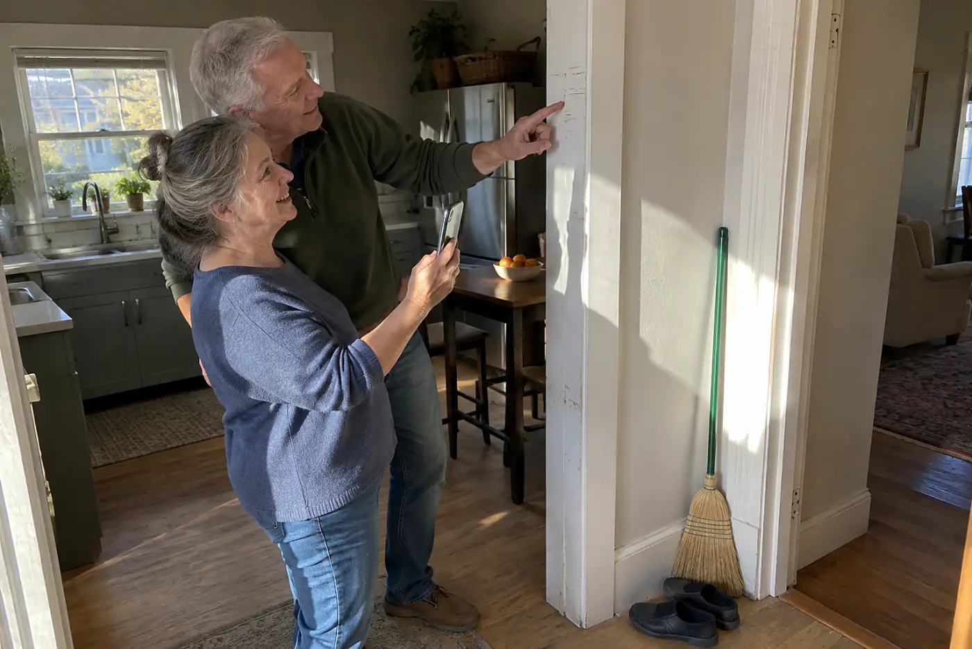 Older woman photographing pencil height marks beside her kitchen door.