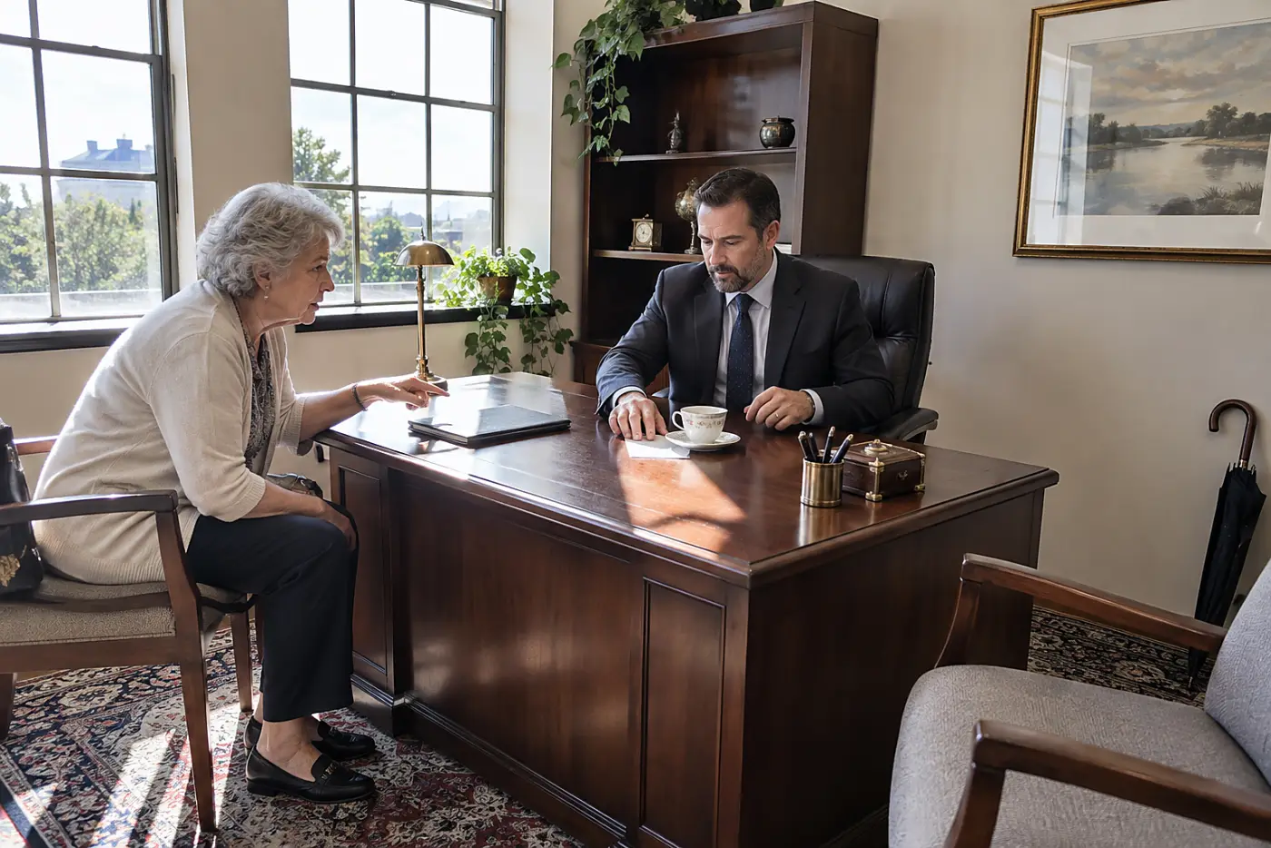 Older woman reviewing a power of attorney with a lawyer in an office.