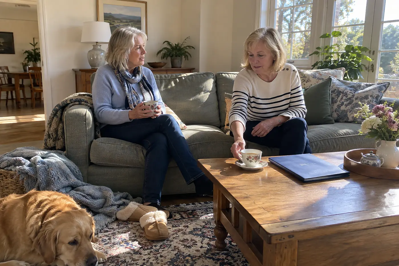 Older woman discussing a health-care directive with a friend in her living room.