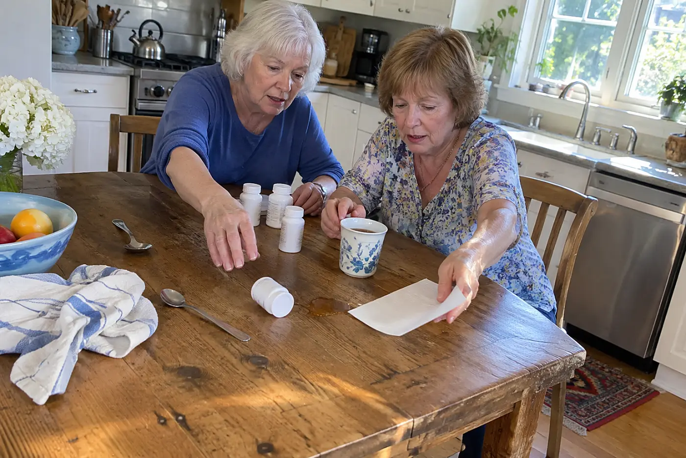 Older woman comparing medicine bottles with a handwritten list at her kitchen table.