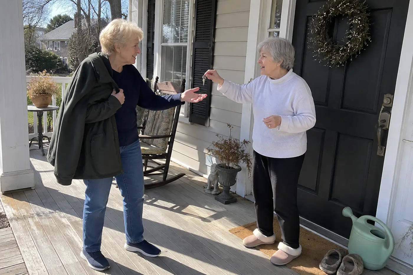 Older woman handing a house key to a trusted friend on her porch.