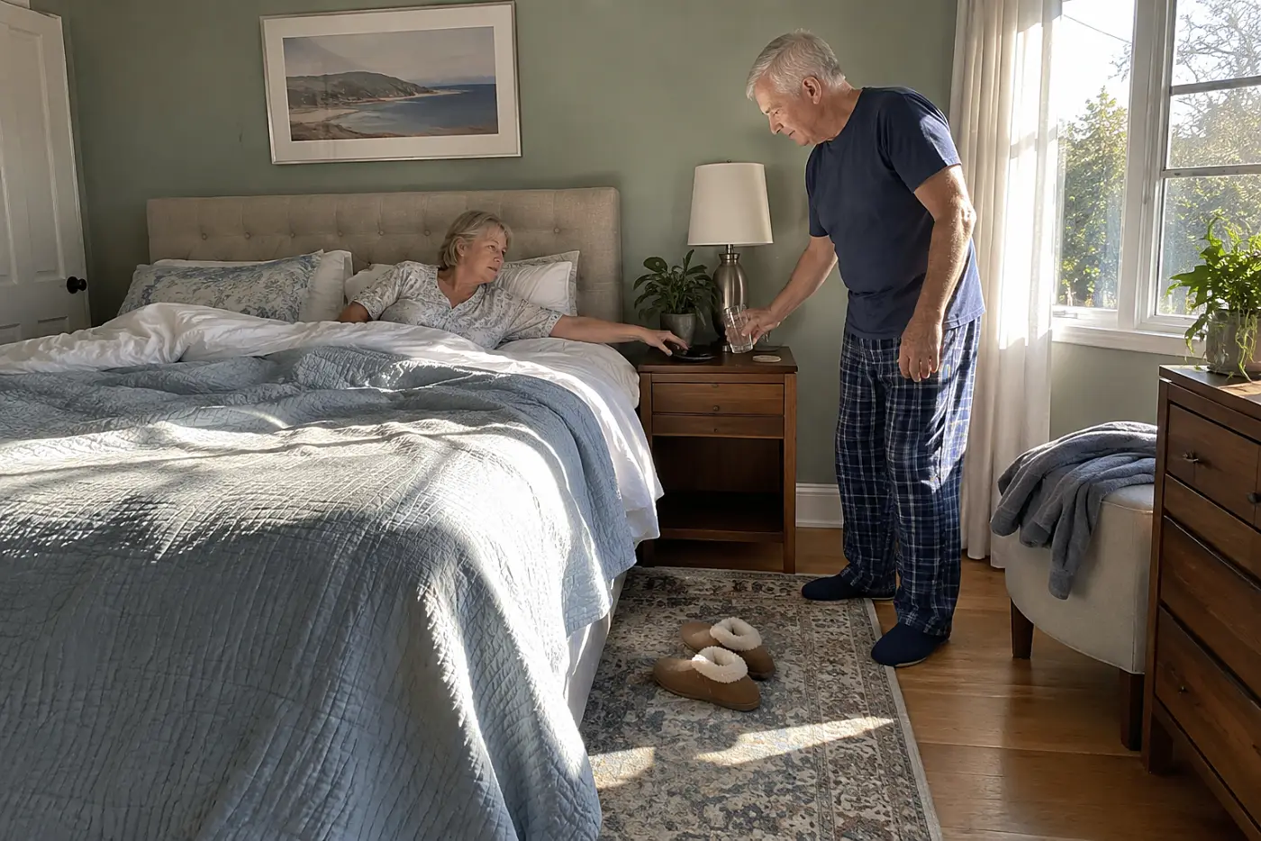 Older woman reaching for her phone from her bed.