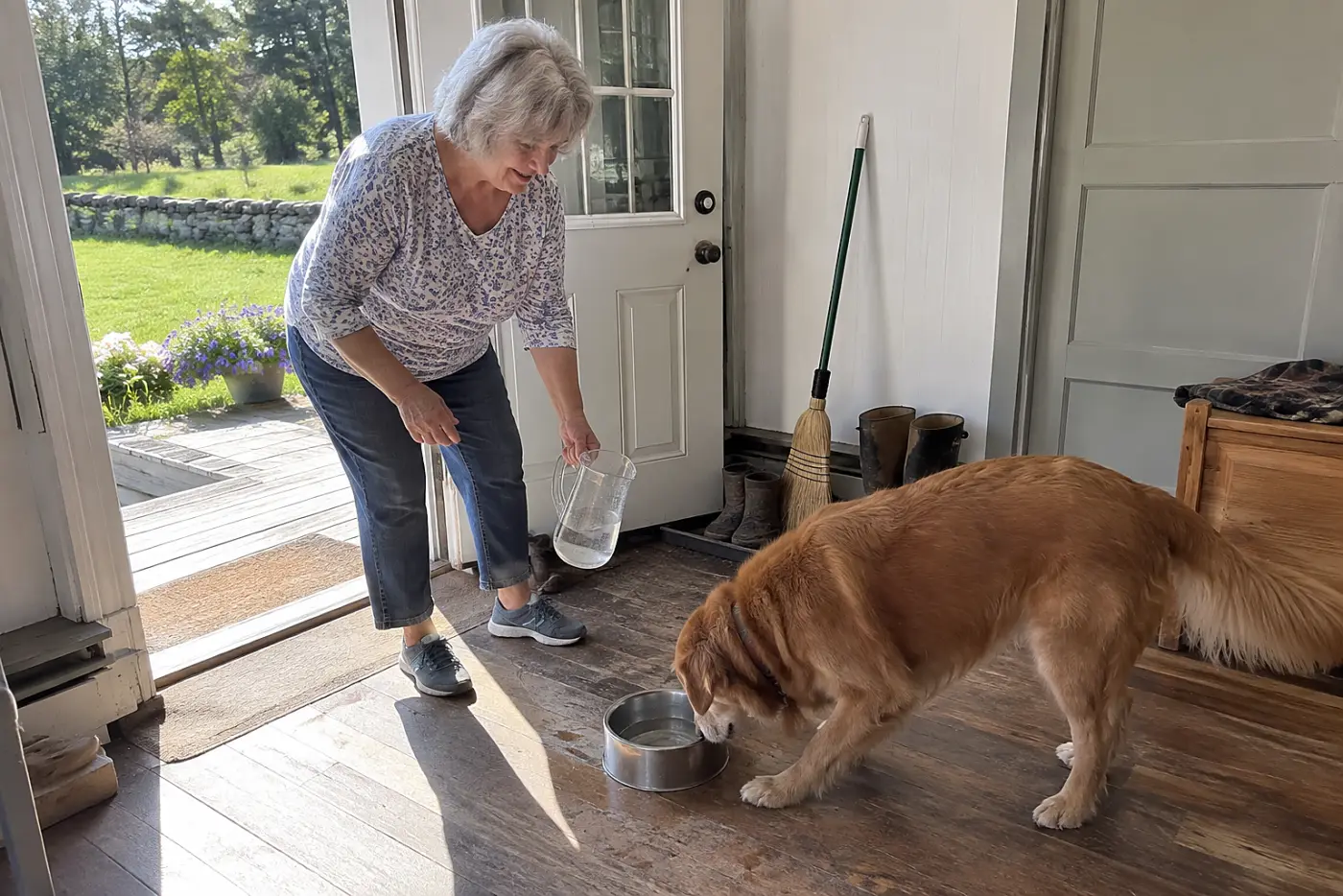 Older woman filling her dog's water bowl beside the back door.
