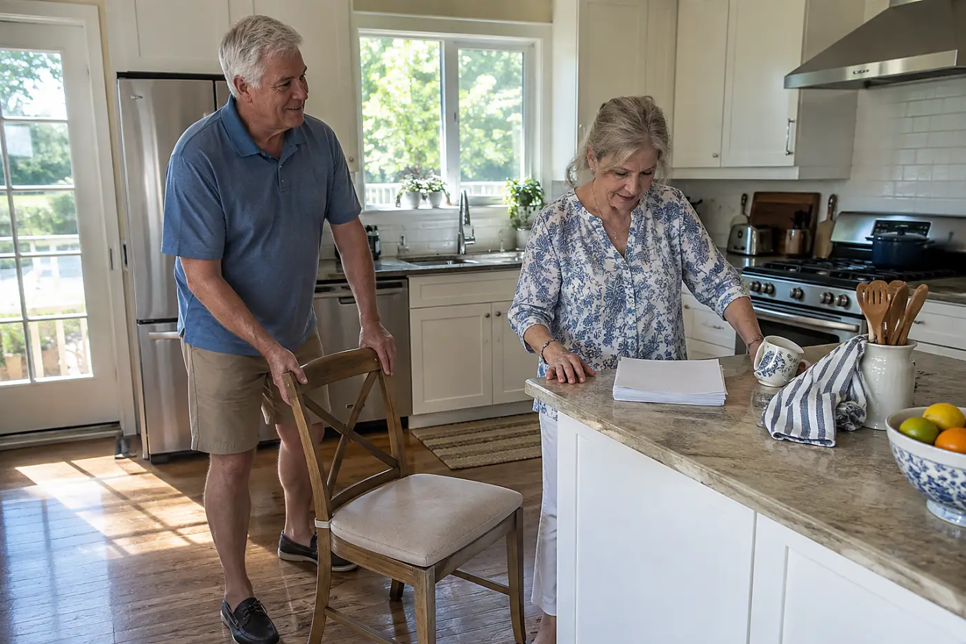 Older woman reading hospital discharge papers at her kitchen counter.