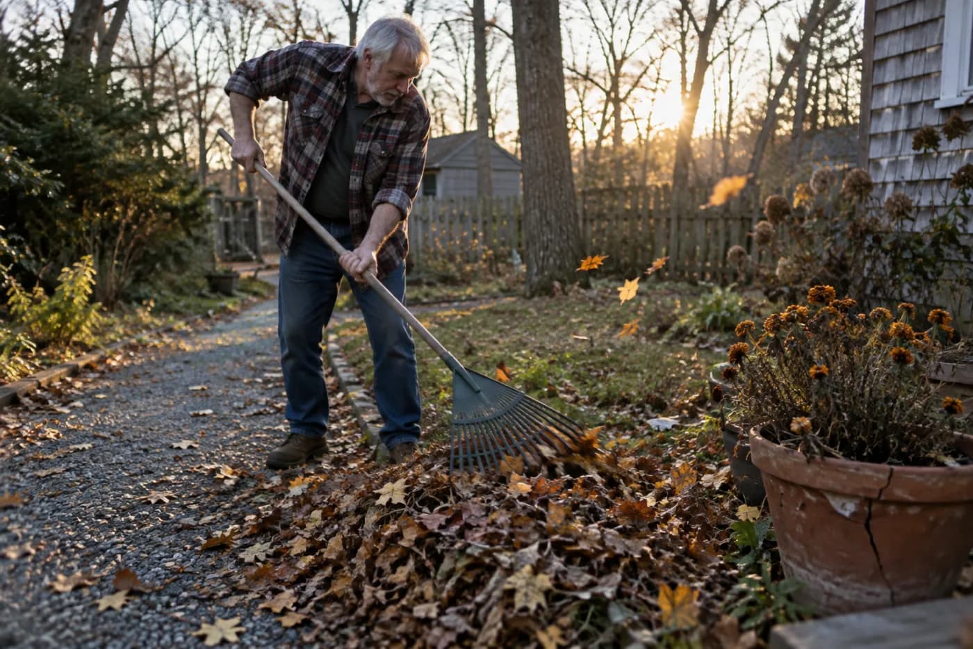Man mid-swing raking autumn leaves in a bare-branched side yard