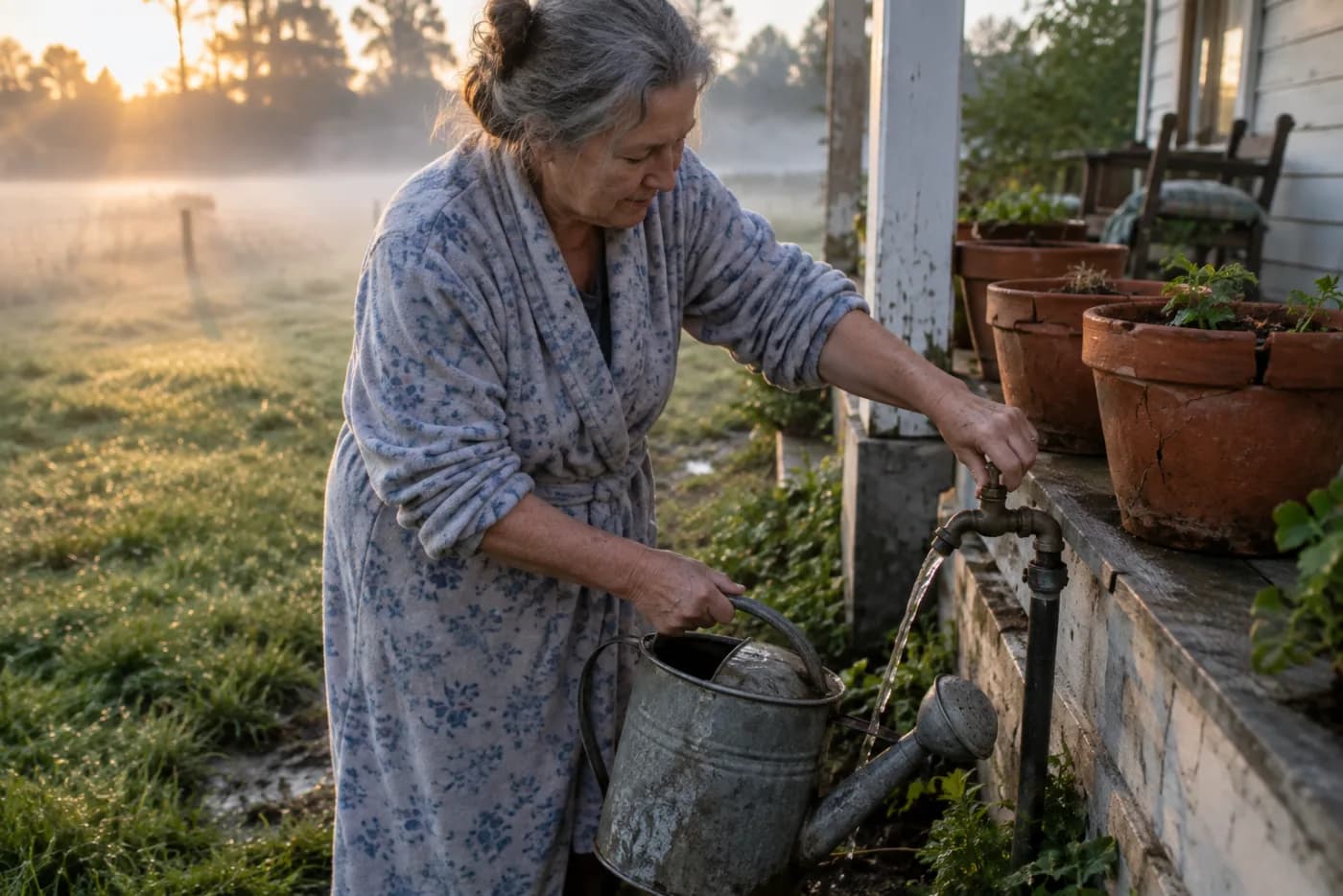 Woman filling a watering can from an outdoor tap at sunrise