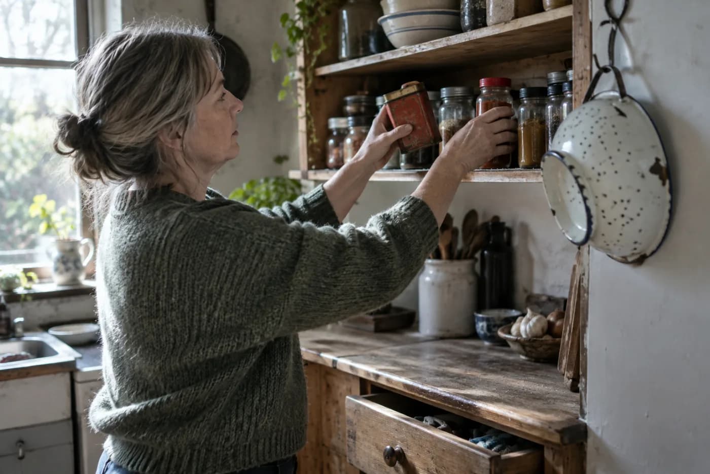 Woman rearranging spice jars on a sunlit open kitchen shelf