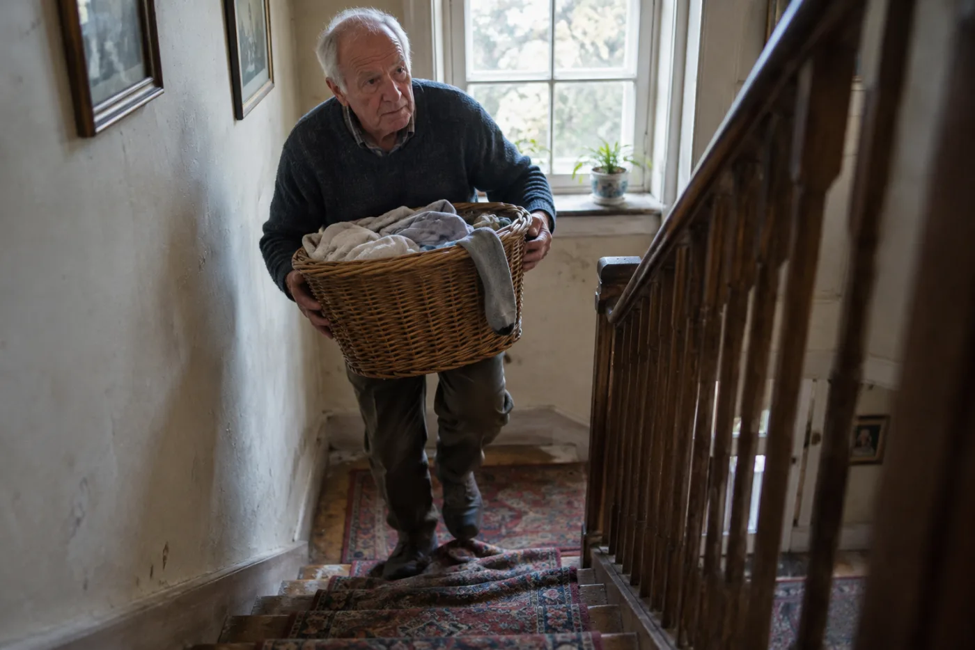 Man carrying a laundry basket up stairs, paused mid-step