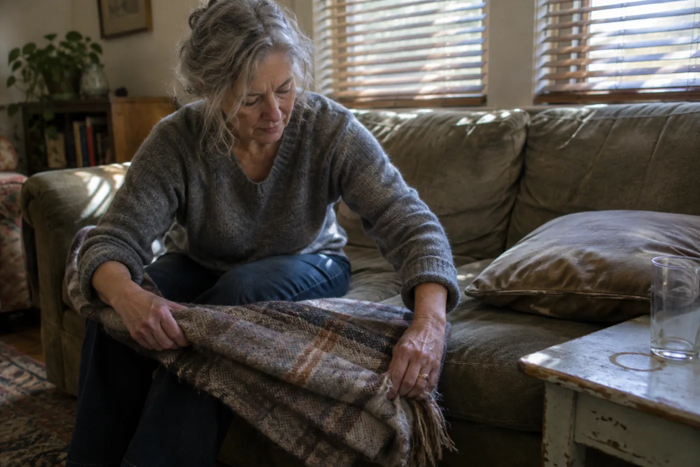 Woman folding a wool throw on a sagging sofa in soft light