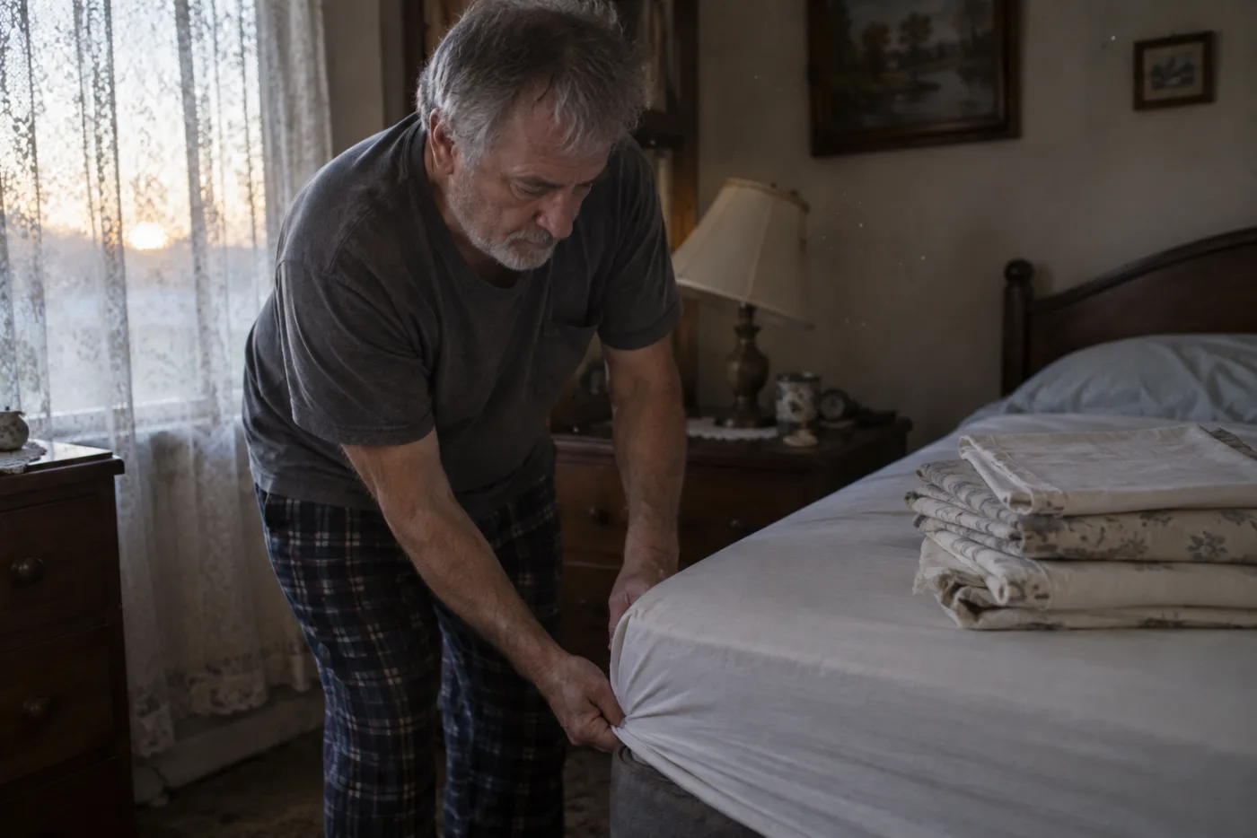 Man tucking a fitted sheet under a mattress at dusk