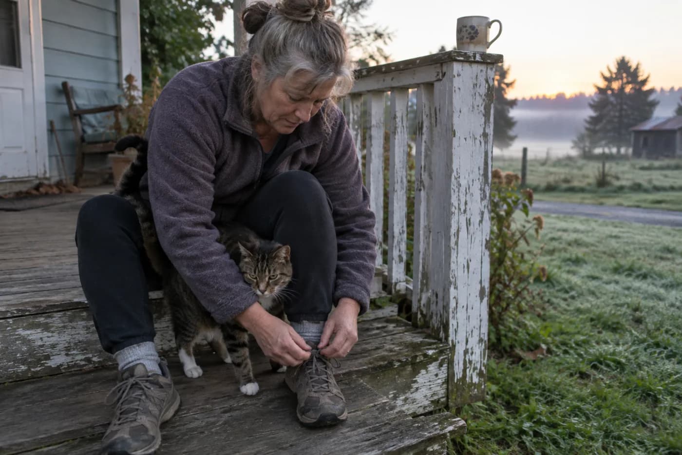 Woman tying walking shoes on a porch step at dawn