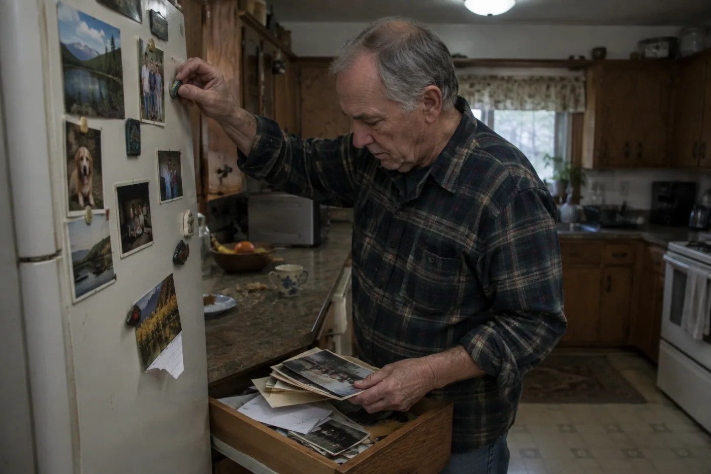 Man clearing magnets and papers off a cluttered refrigerator door