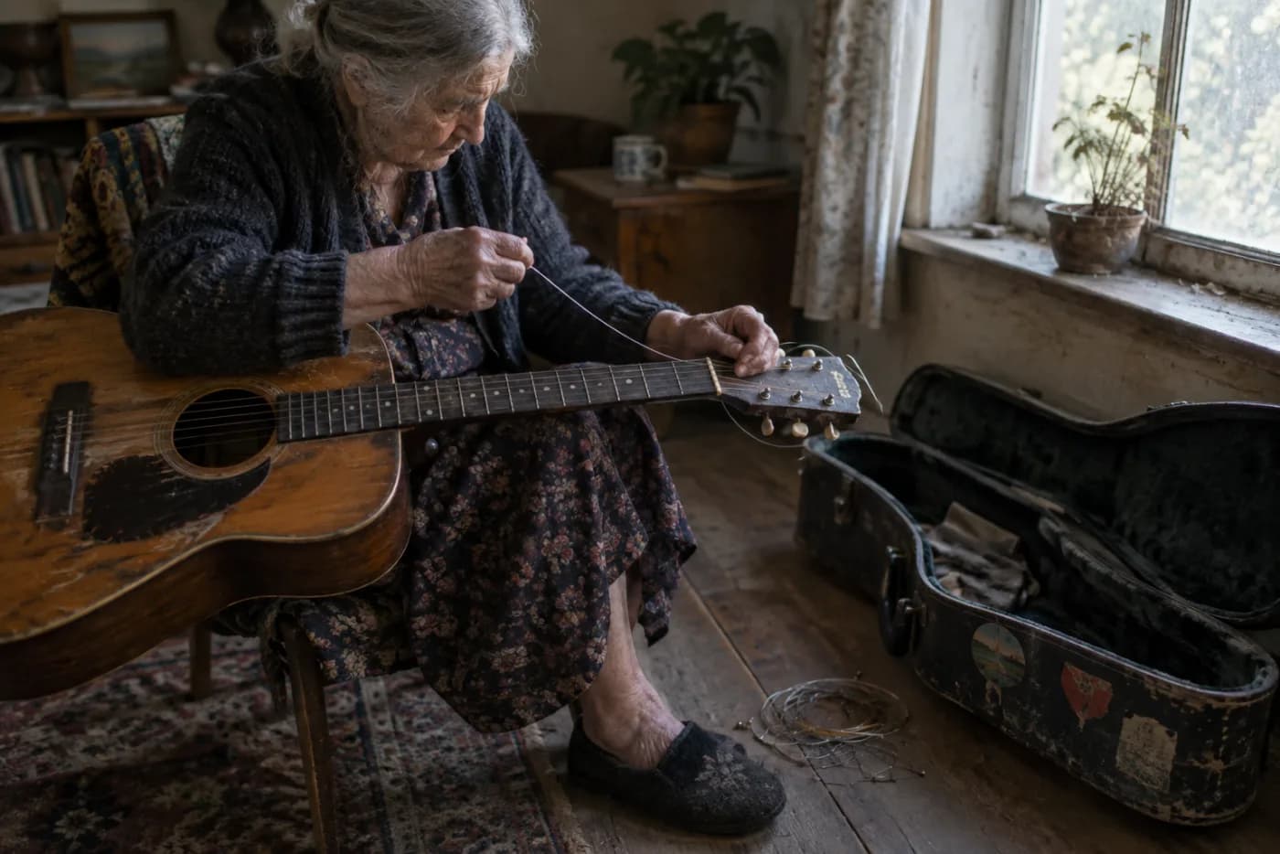 Woman threading a new string onto an old acoustic guitar