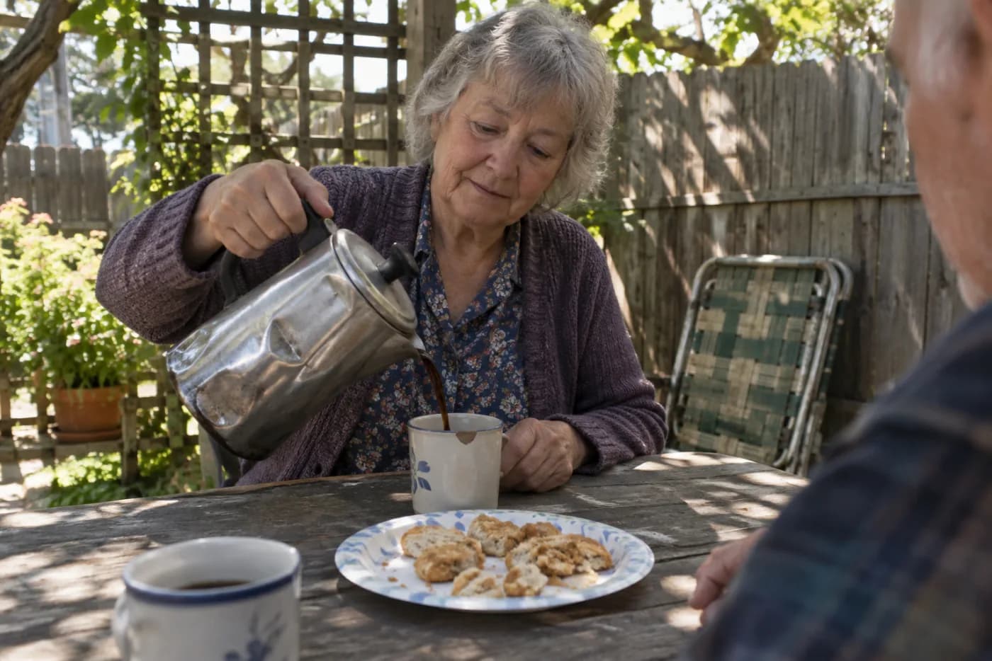 Woman pouring coffee for a neighbor at a sunlit backyard table
