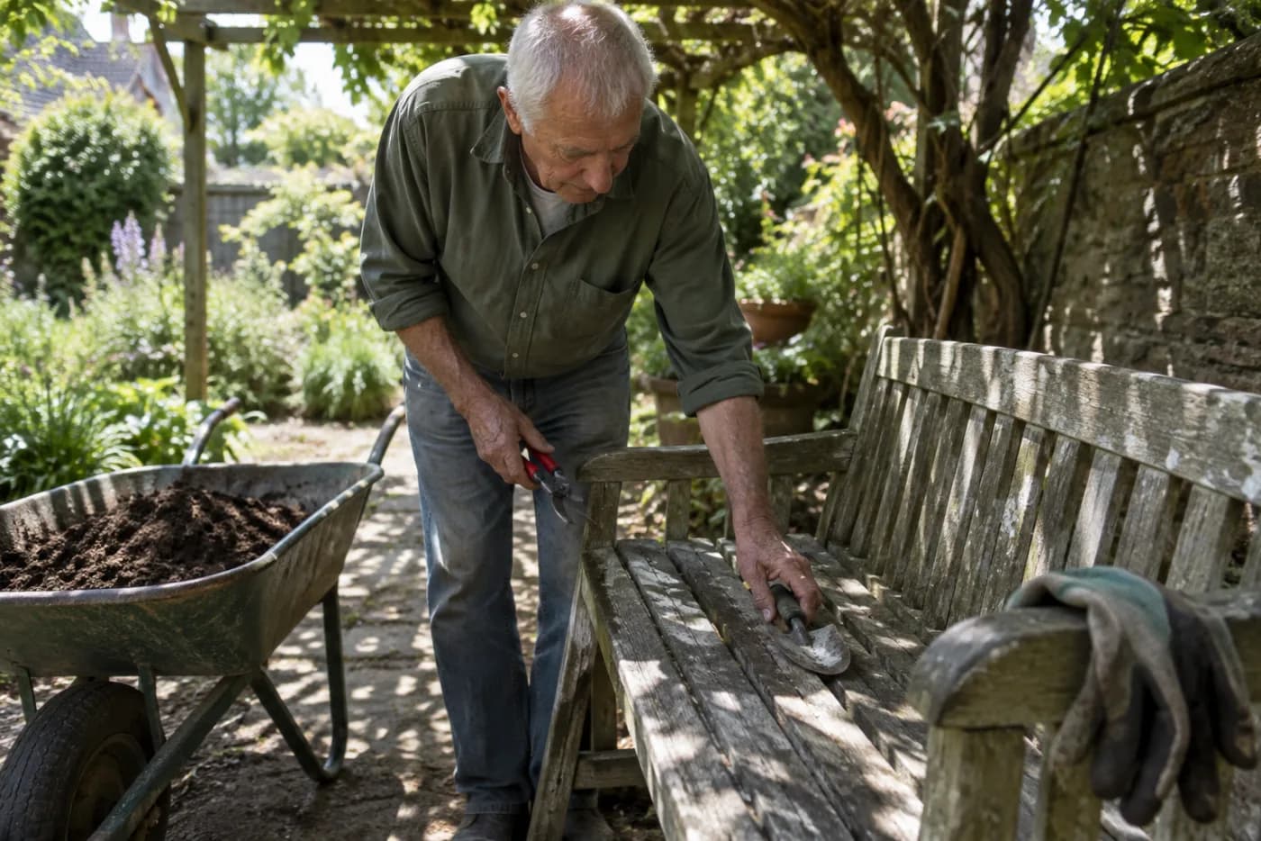 Man setting garden tools onto a bench under dappled light