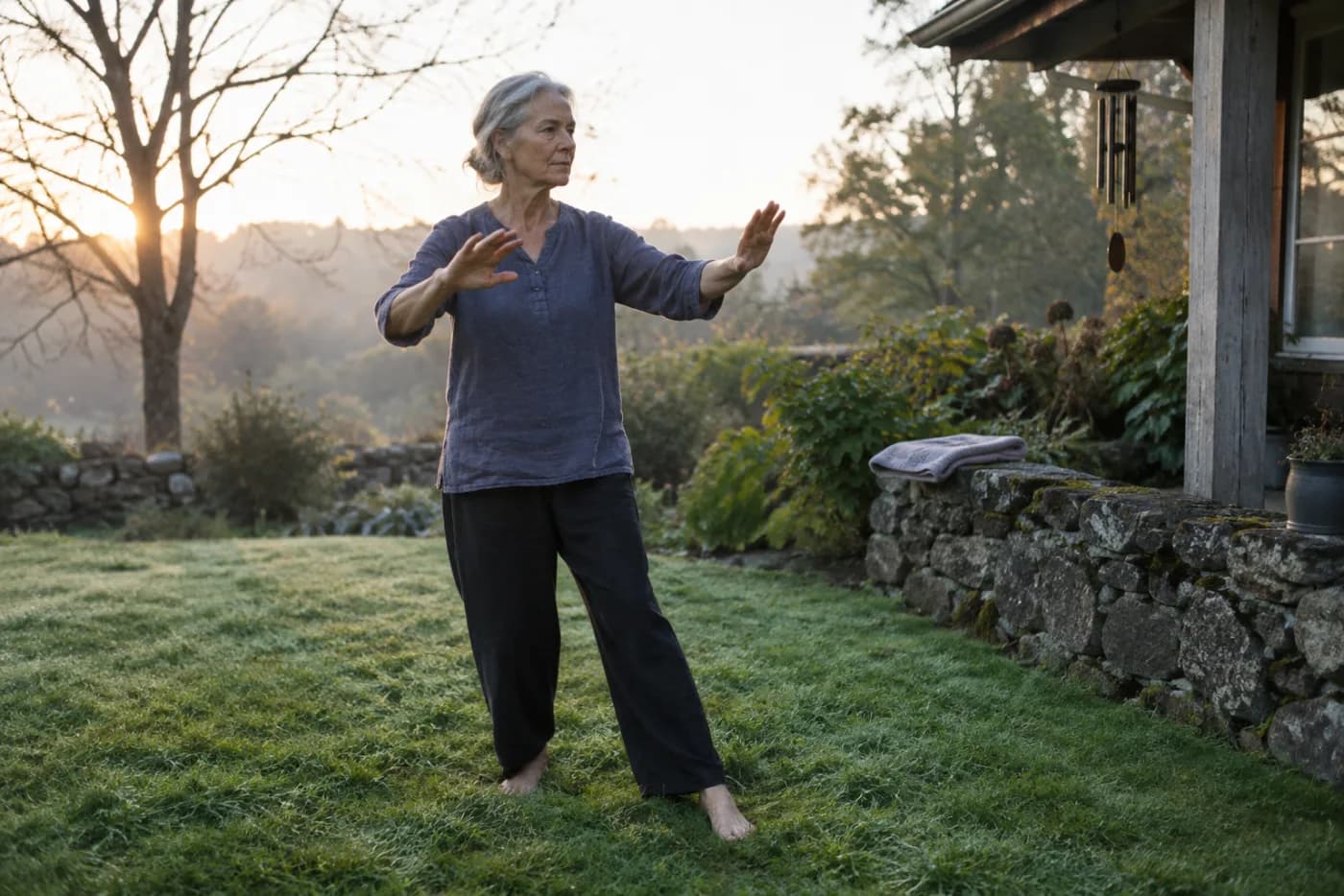 Woman mid-motion in a tai chi stretch on a dew-covered lawn