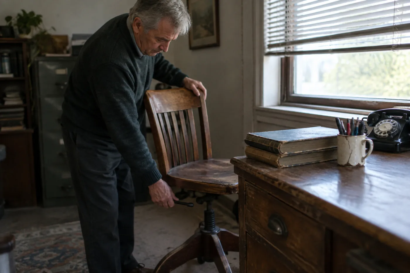 Man adjusting an old office chair's height lever beside a desk