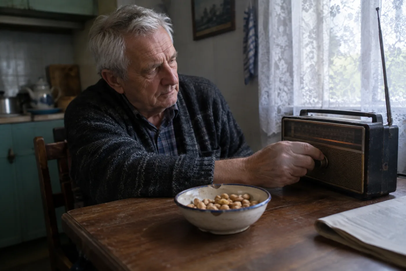 Man turning the dial on an old transistor radio at his table