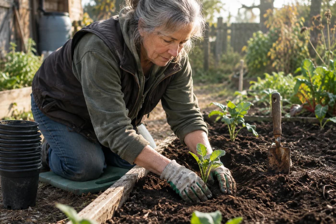 Woman pressing a seedling into soil in a raised garden bed
