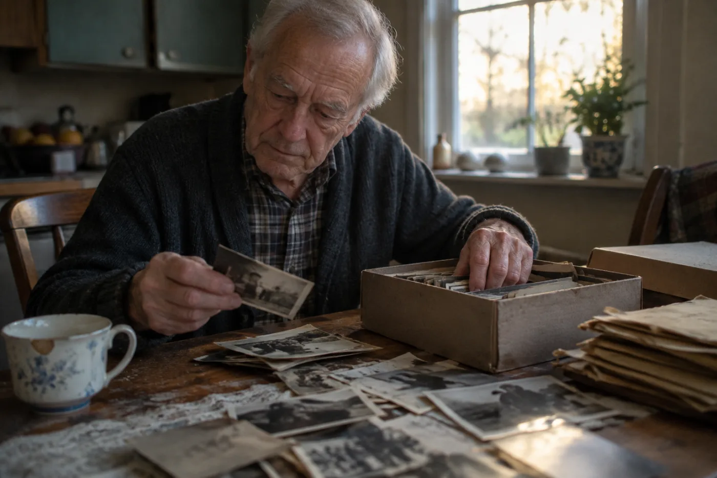 Man sorting old photographs into a shoebox at a kitchen table