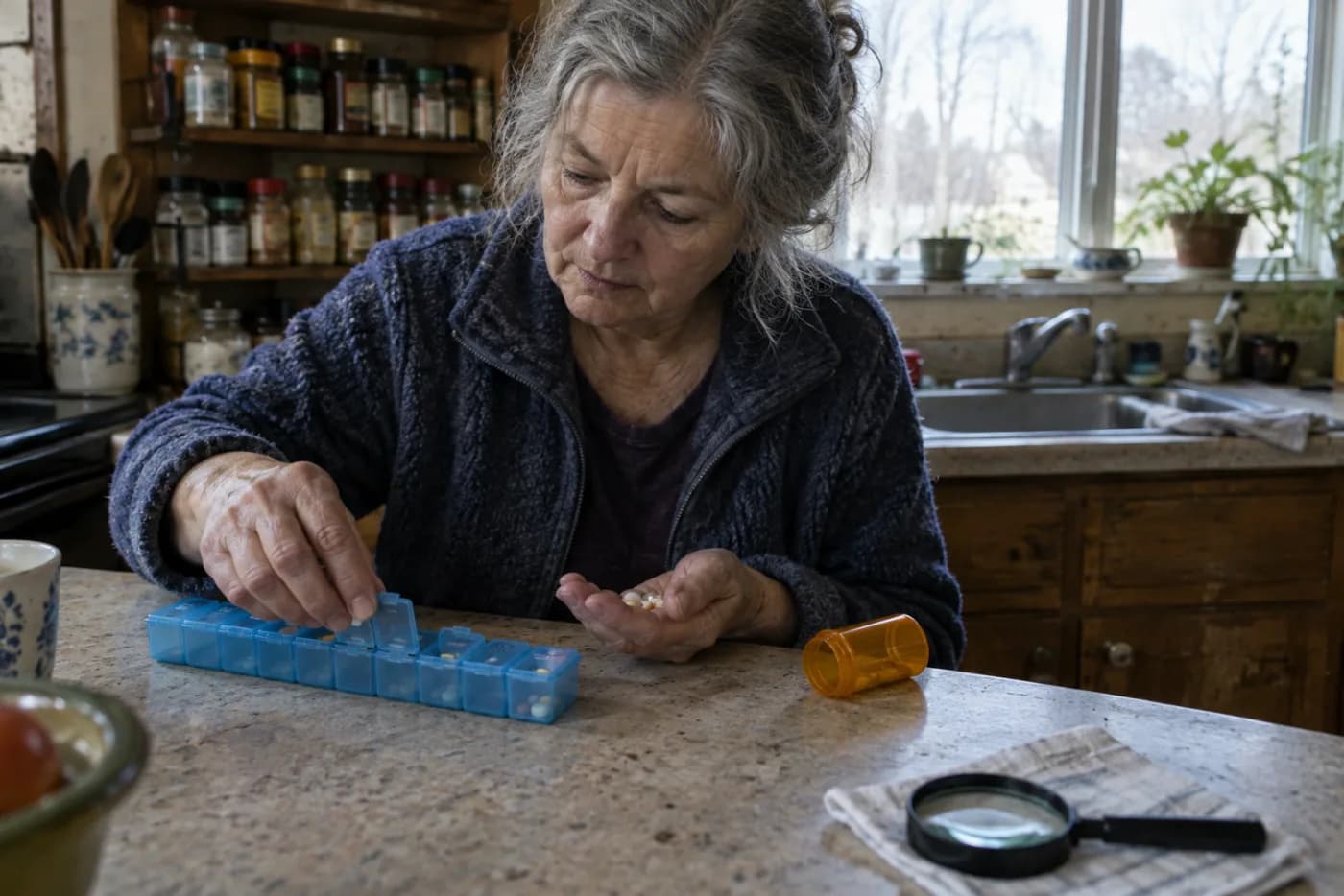 Woman filling a weekly pill organizer at her kitchen counter