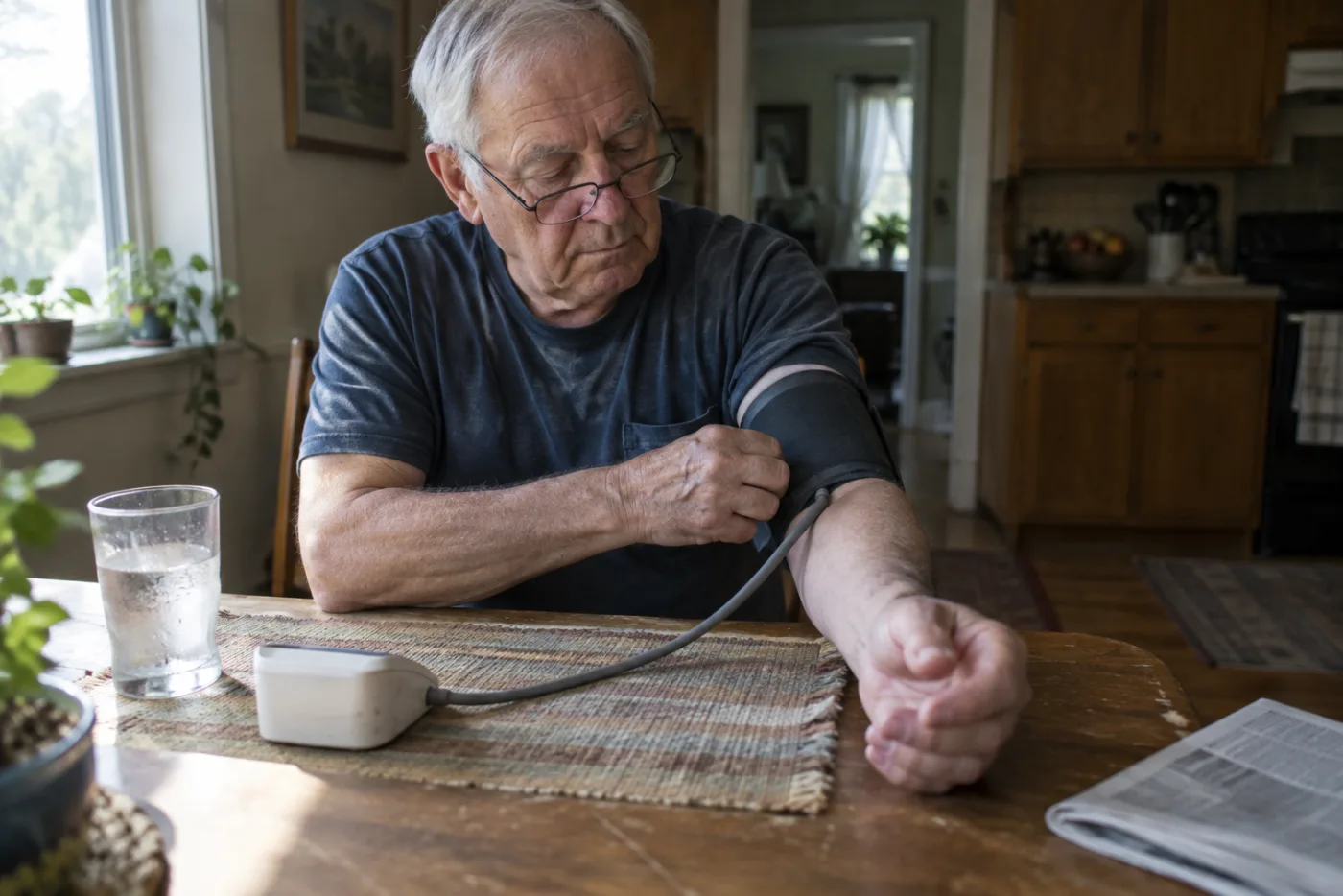 Man wrapping a blood pressure cuff around his arm at breakfast