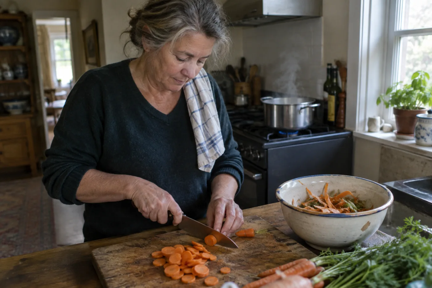 Woman chopping carrots on a scarred board with a steaming pot behind