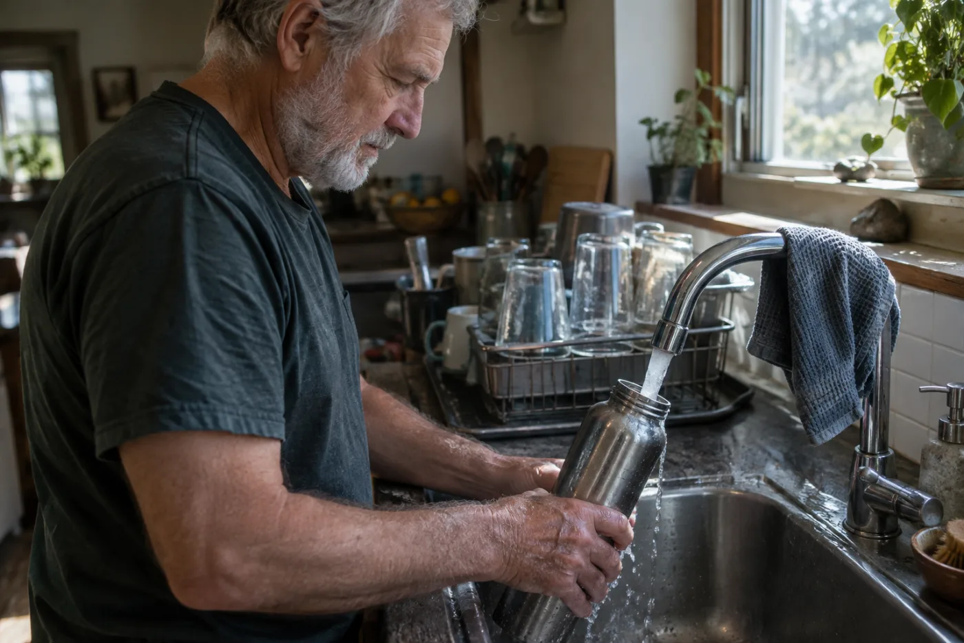 Man filling a scratched steel water bottle at the kitchen sink