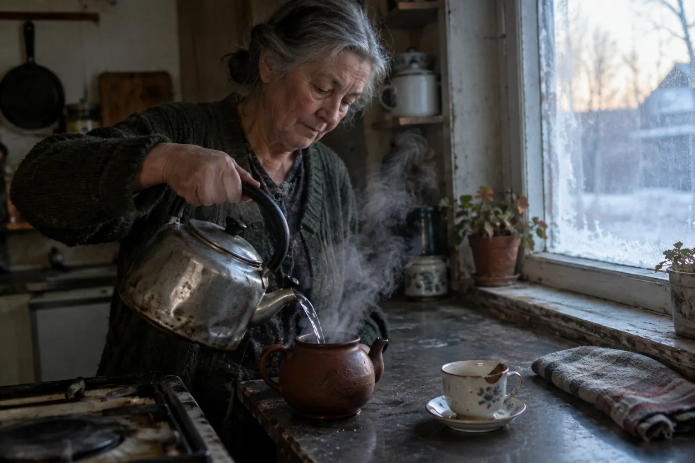 Woman pouring hot water into a clay teapot in early light