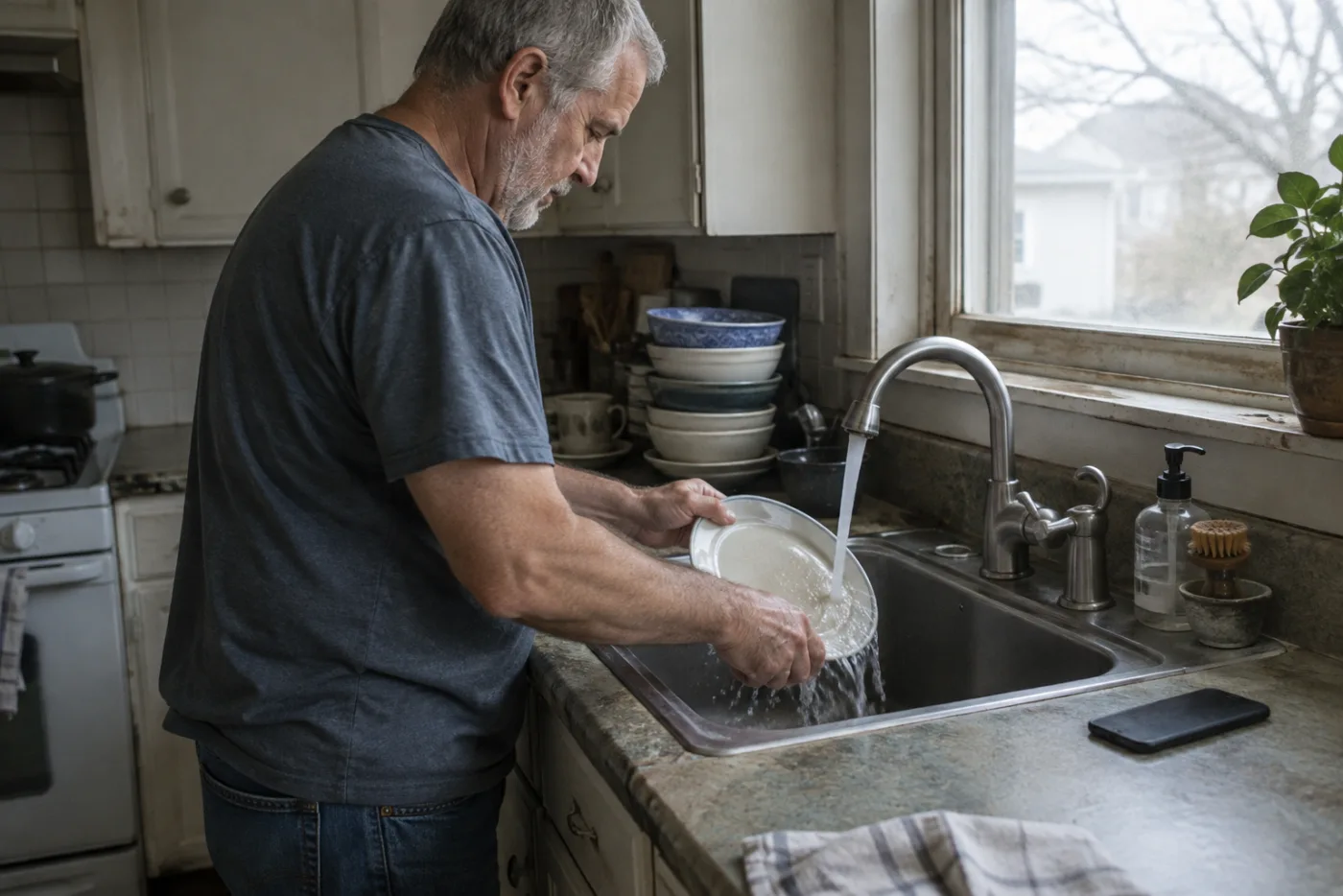 Man rinsing a plate with a phone lying face-down beside him