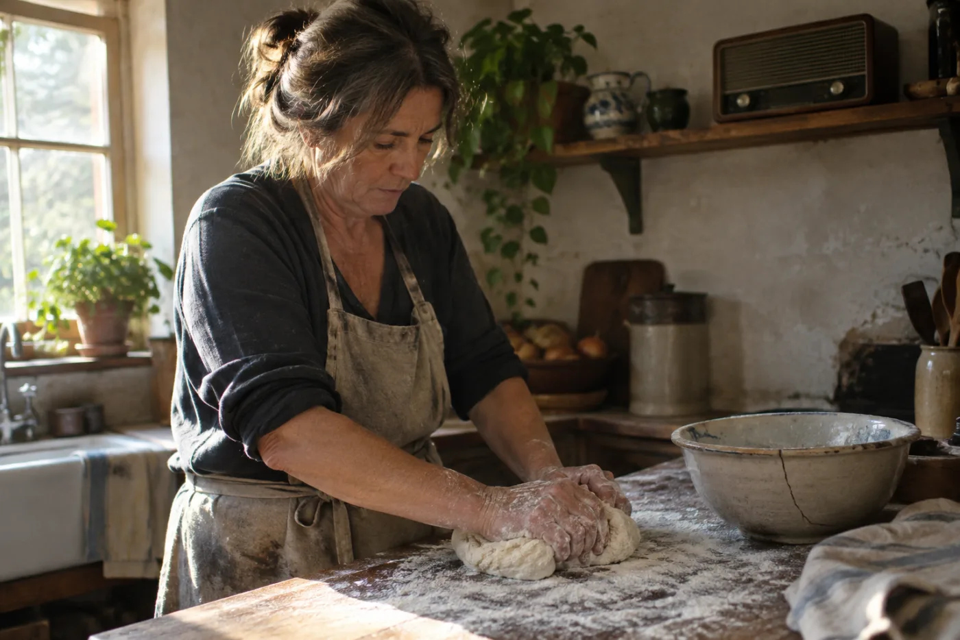 Woman kneading bread dough on a flour-dusted counter in morning light