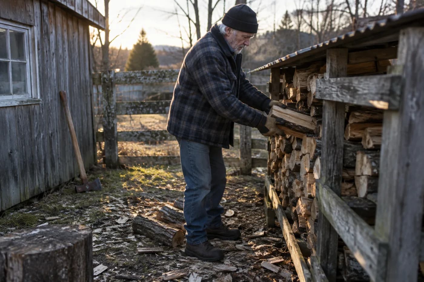 Man stacking split firewood into a rack in late afternoon light