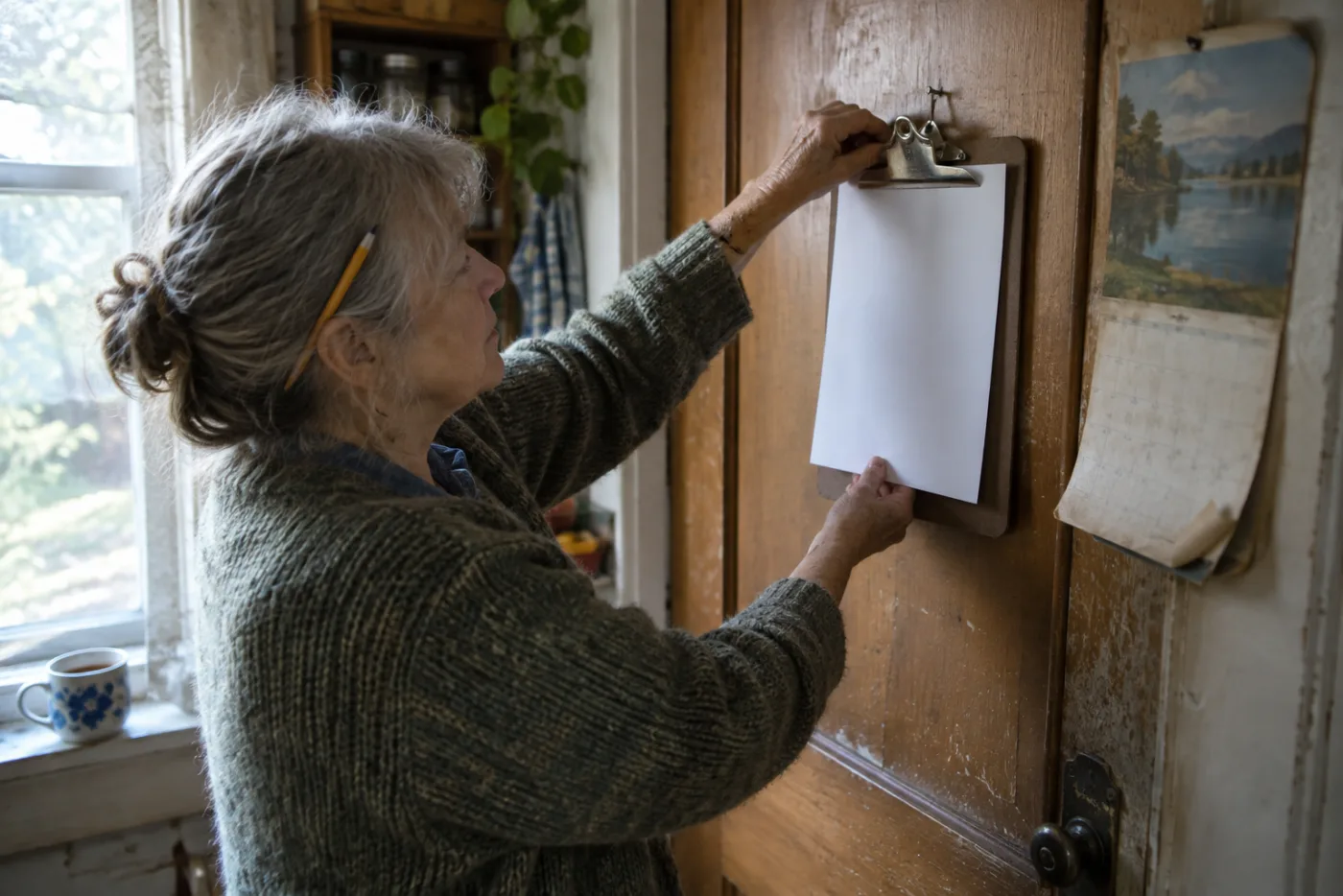 Woman clipping a page onto a clipboard hanging by her kitchen door