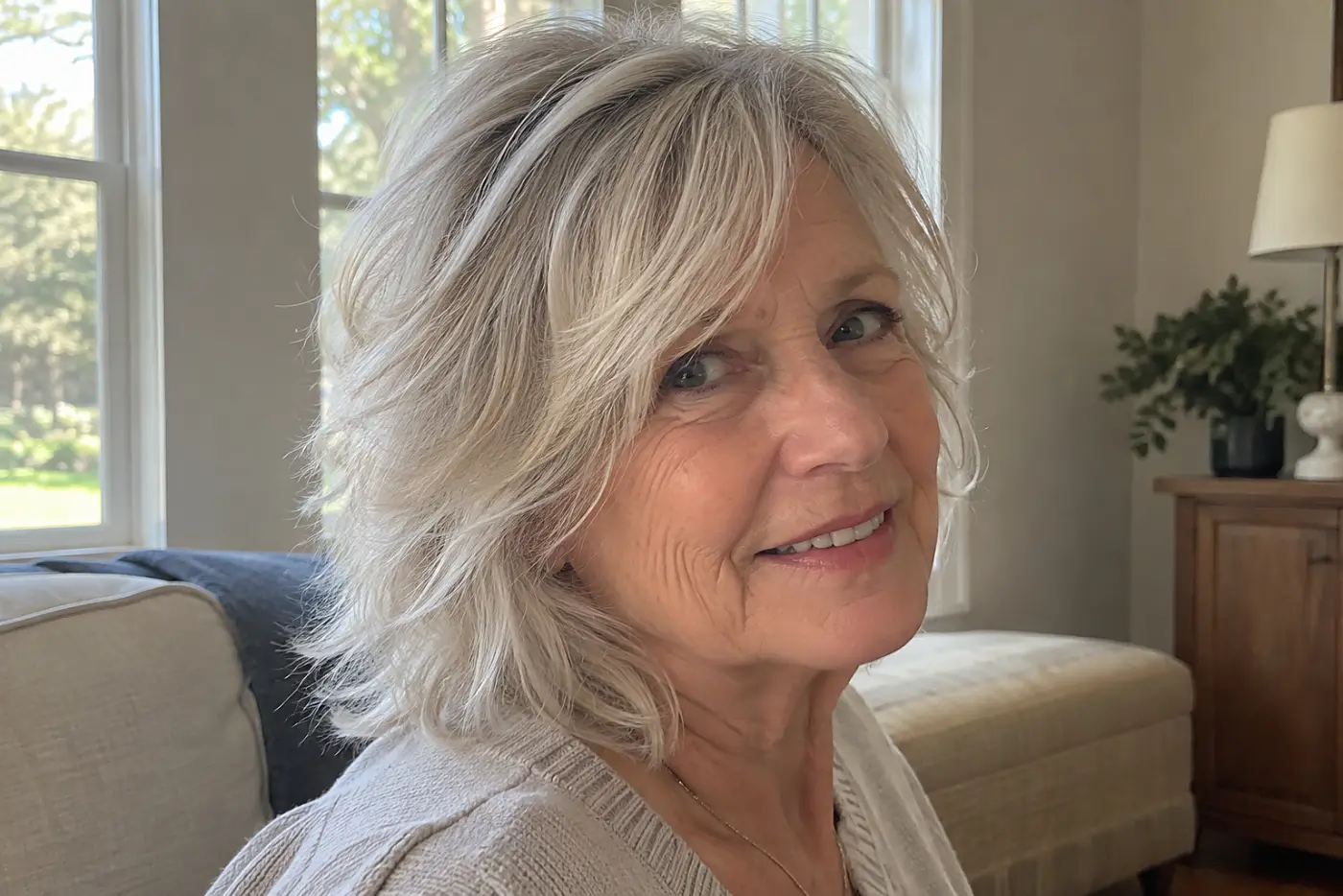 A soft shag with crown layers fills the center of a candid side view of a woman in her sixties at home in daylight, with no writing visible.