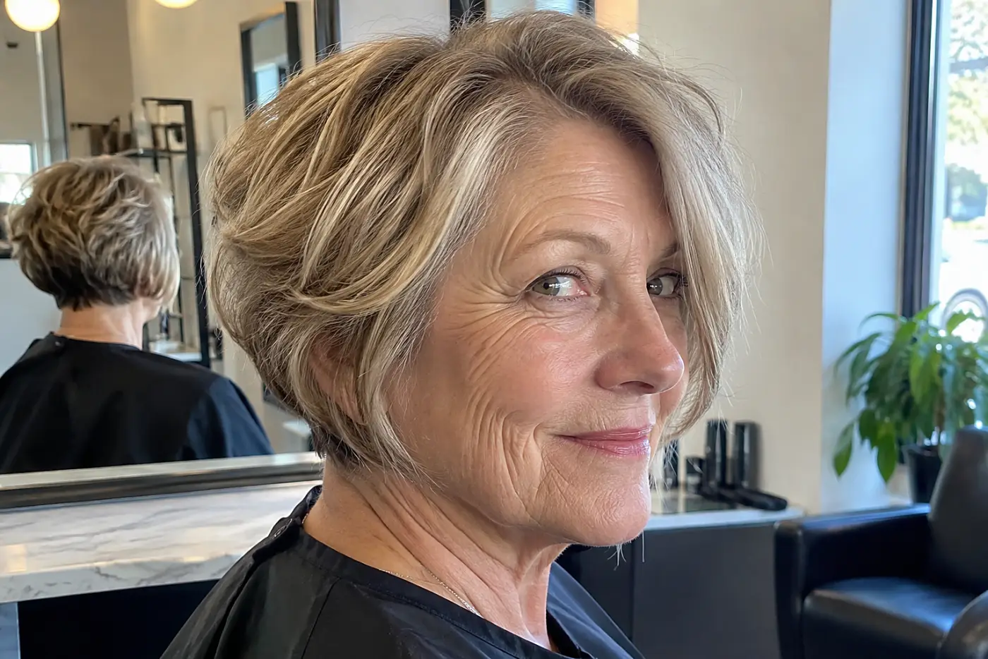 A bixie with a tucked nape is centered on a woman in her sixties seen from the side in a bright salon, with no writing visible.