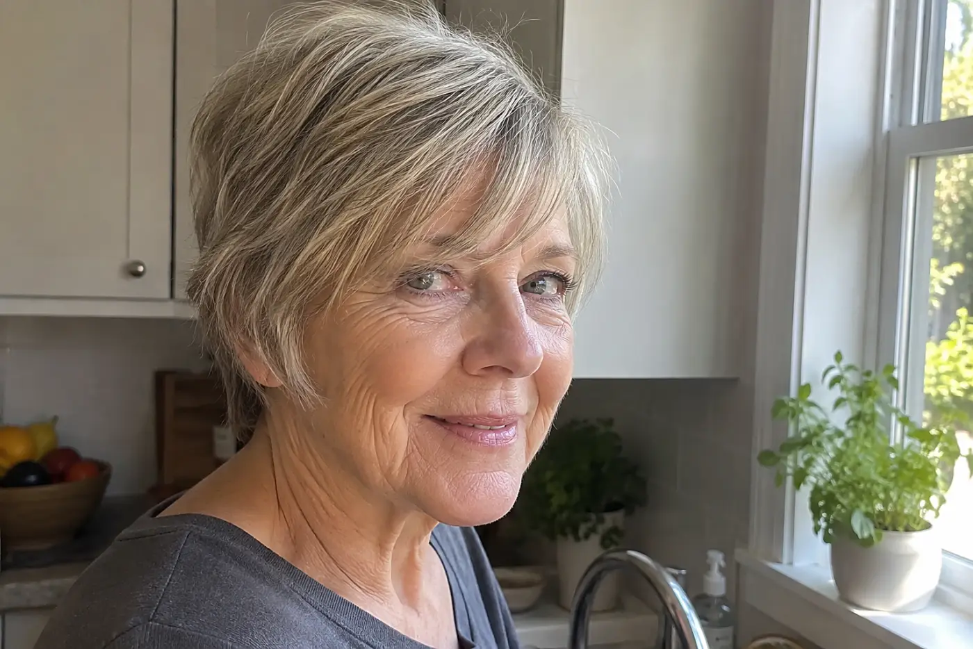 A long pixie with ear coverage is centered on a woman in her sixties turning toward a kitchen window, with no writing visible.