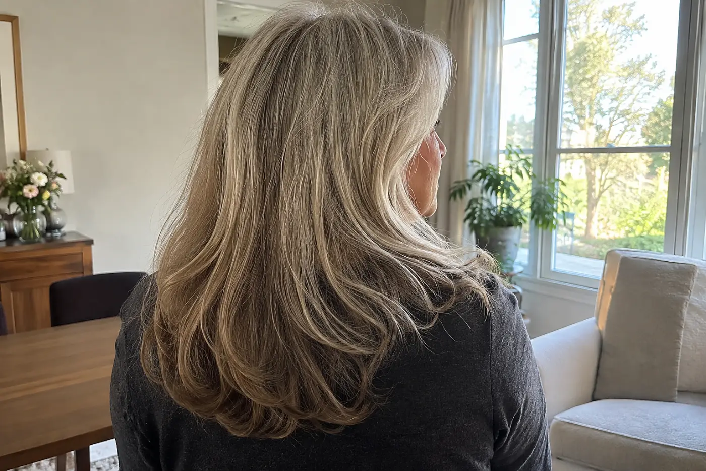 A U-shaped back on long hair fills the center of a rear view of a woman in her sixties standing by a daylight window, with no writing visible.