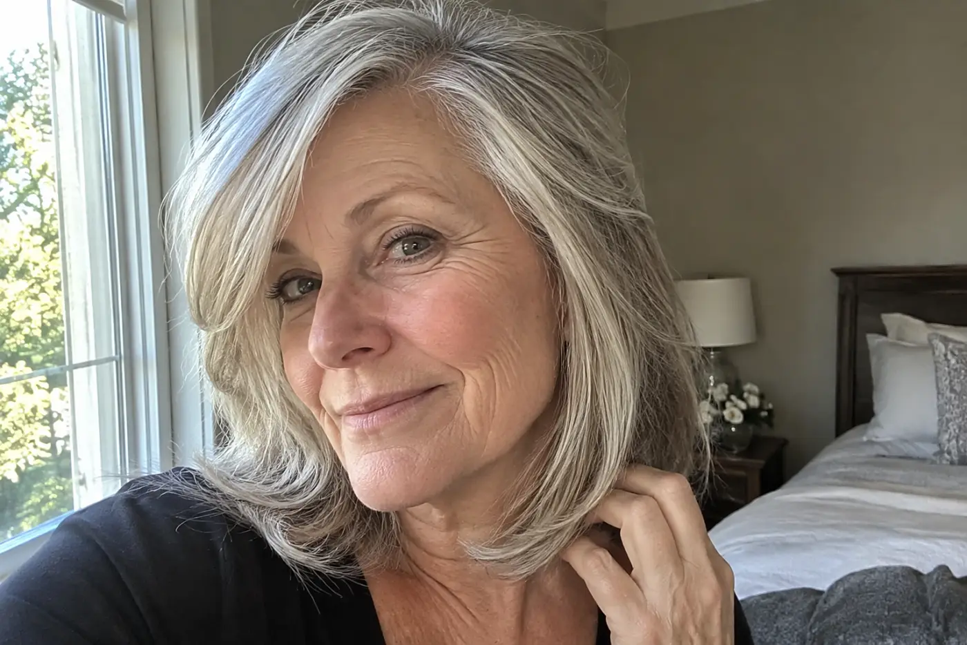 A shoulder cut with side bangs fills the center of a candid portrait of a woman in her sixties near a bright bedroom window, with no writing visible.