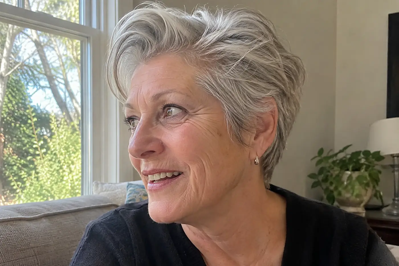 A pixie with a swept-back top fills the center of a side-view portrait of a woman in her sixties beside a daylight window, with no writing visible.