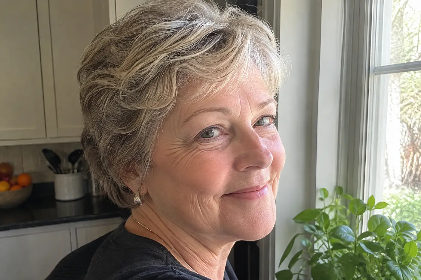 A close crop with a full crown is centered on a woman in her sixties seen from the side by a kitchen window, with no writing visible.