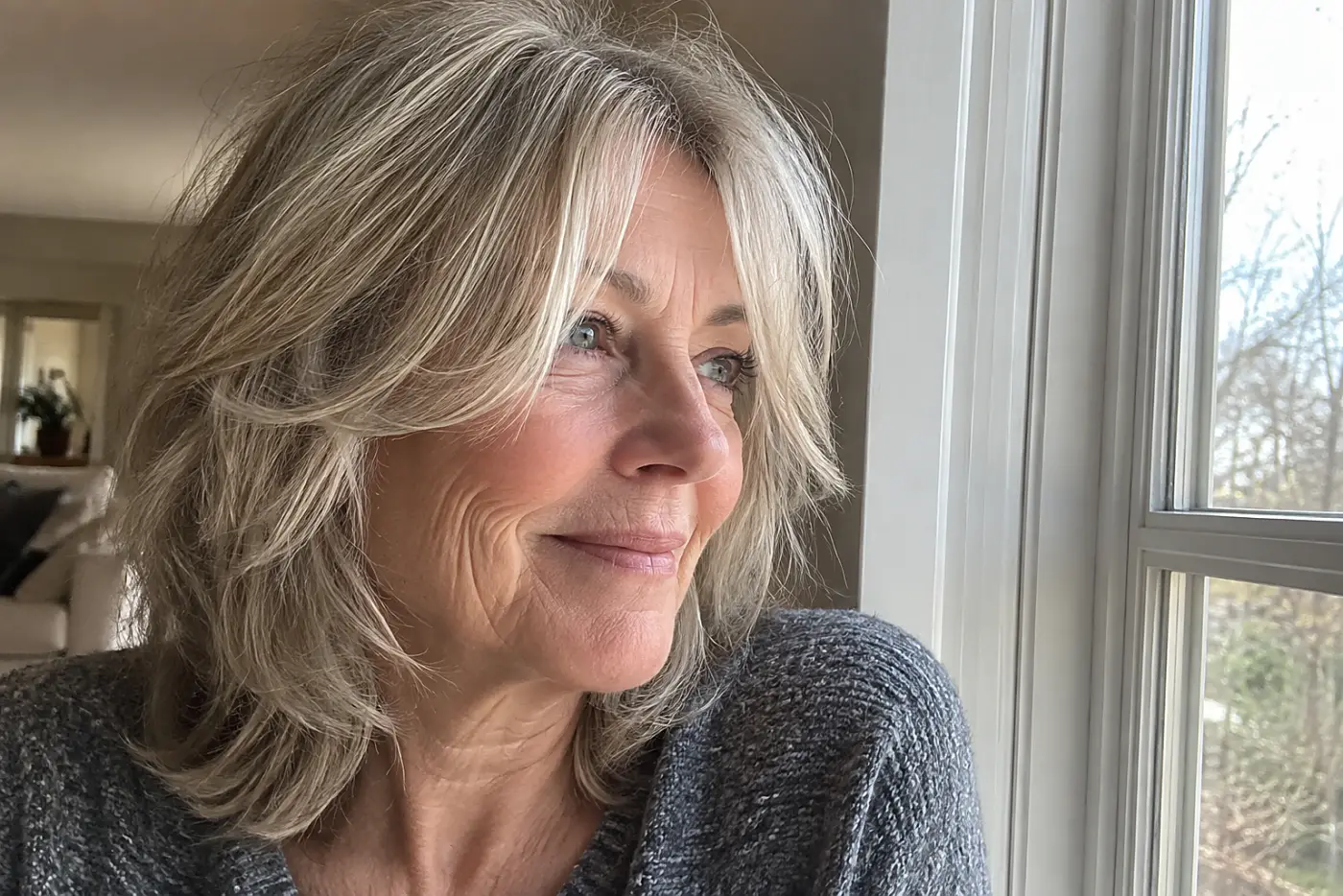 A shag with longer curtain bangs is centered on a woman in her sixties leaning beside a living-room window, with no writing visible.